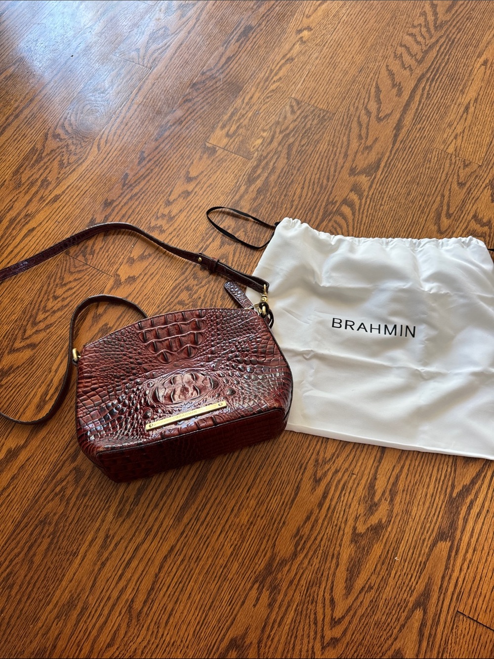 Brahmin Mahogany Croc-Embossed Leather Crossbody with Gold Hardware
